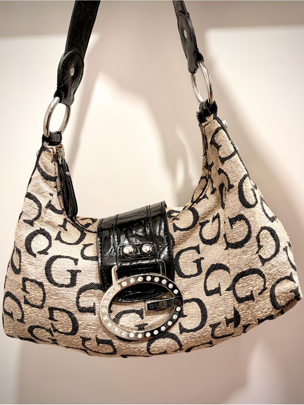 Y2K 2003 Vintage GUESS Beige and Black Logo Jacquard Shoulder Bag